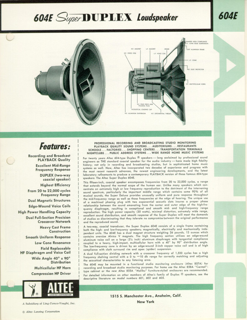 Flyer for the Altec Lansing 604E Duplex Loudspeaker