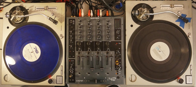 A pair of Technics SL-1200M3D turntables configured for a "DJ Battle"