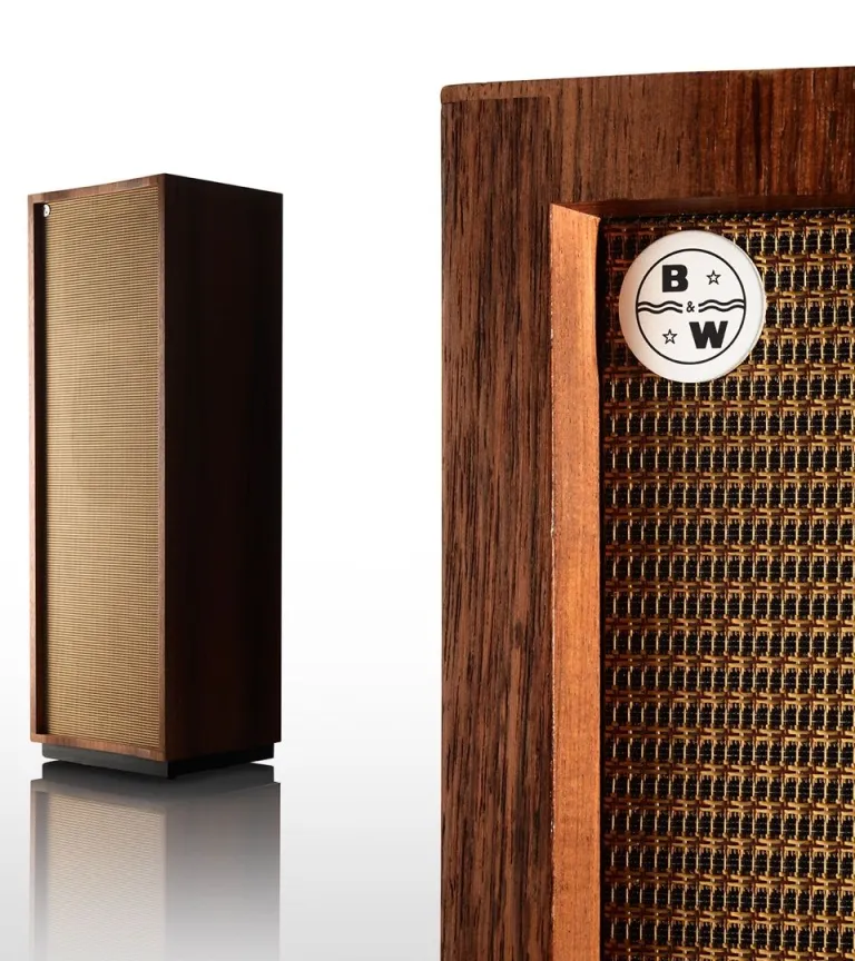 Another view of the B&W P1 showing the company's original logo on the speaker's badge