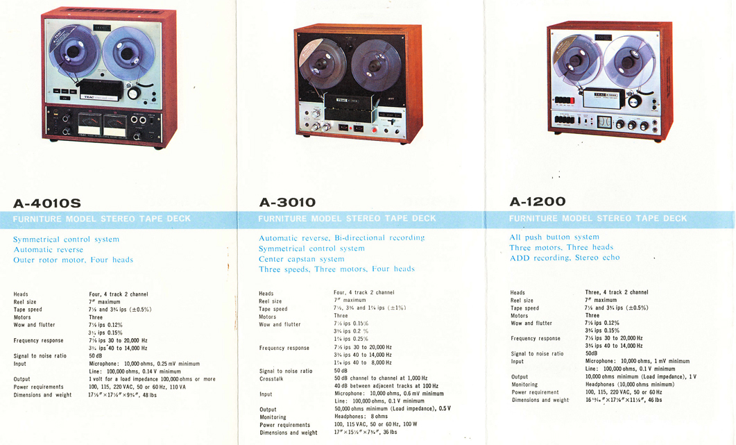 1966 TEAC brochure showing specifications for the A-4010S, A-3010, and A-1200 Decks