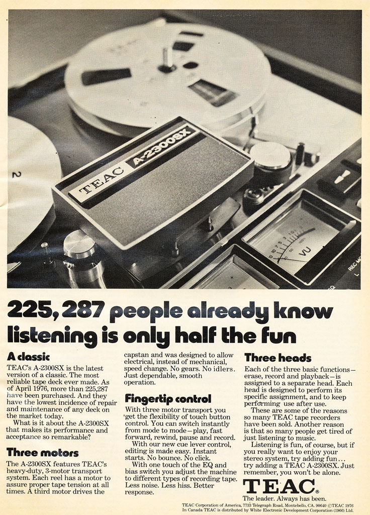 By April 1976, TEAC had sold a remarkable 225,287 Model A-2300 Recorders!