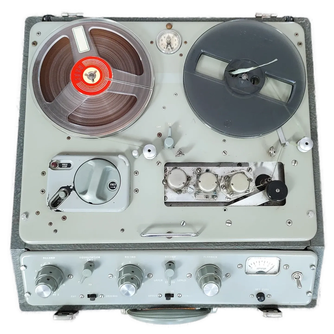 Top view of a Ferrograph 420-series tape recorder with the head cover removed, showing the erase, record, and playback heads