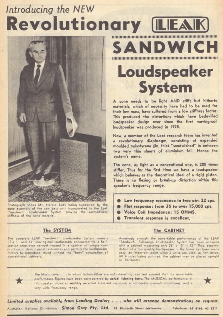 A print advertisement for the Leak Sandwich loudspeaker, with company founder Harold Leak standing on a woofer to demonstrate the strength of the composite material