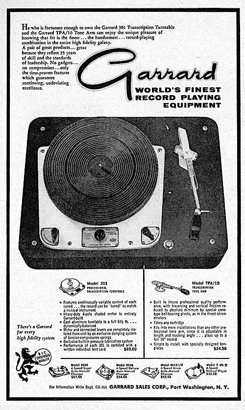 A print advertisement for the Garrard Model 301 Turntable and TPA/10 Tone Arm