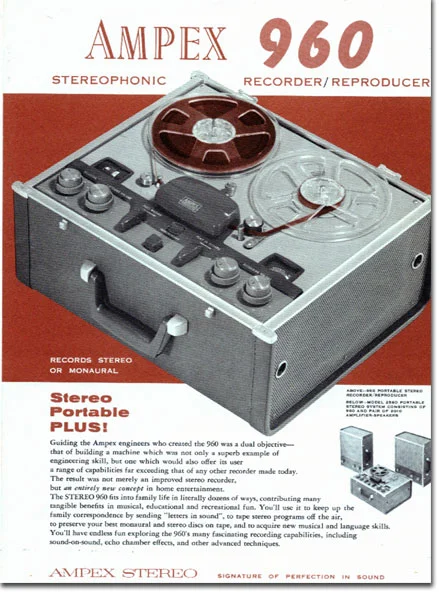 A print advertisement for the Ampex 960 stereo tape recorder