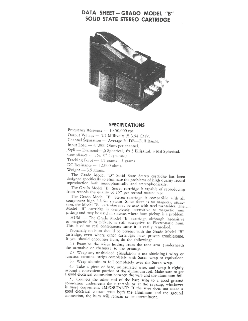 Data Sheet for the Grado Model "B" cartridge