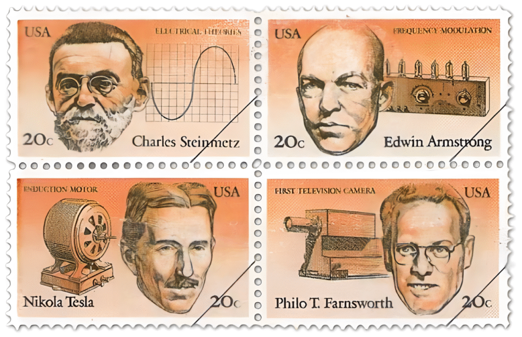 United States Postal Service commemorative stamps honoring Charles Steinmetz, Edwin Armstrong, Nikola Tesla, and Philo T. Farnsworth