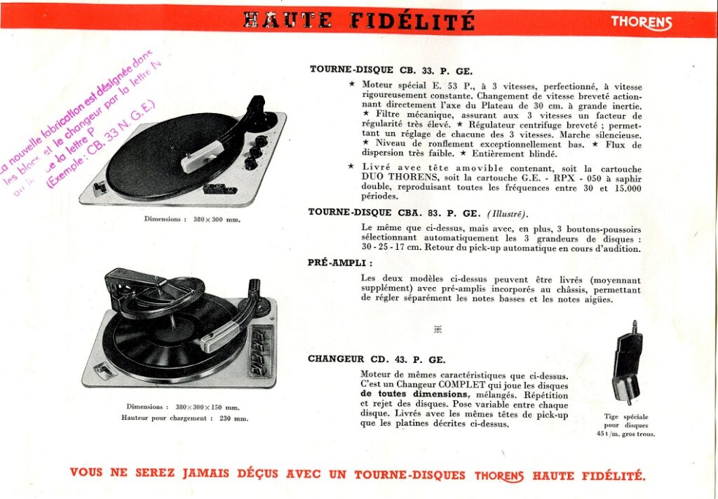 1950s Thorens brochure promoting their early "Haute Fidelite" (High Fidelity) products including the CB 33 turntable and CD 43 changer