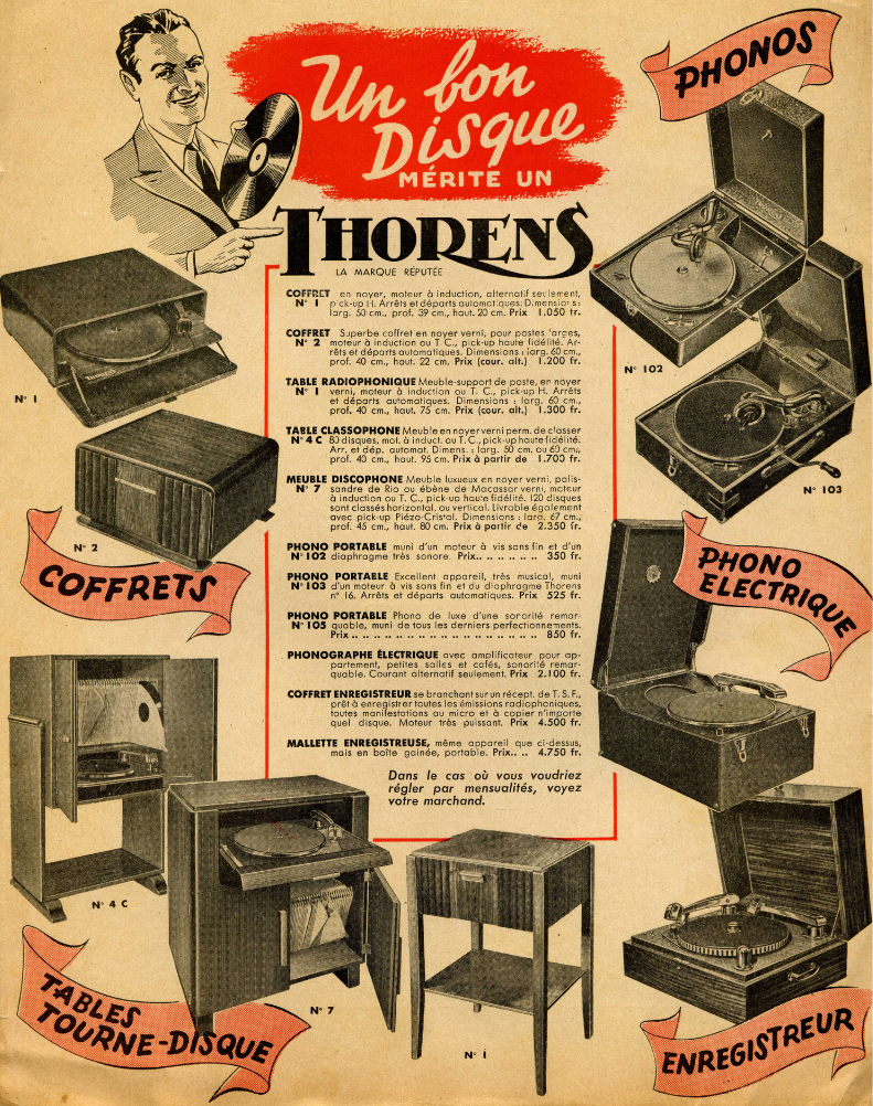 Thorens flyer showing the transition from mechanically powered to electrically powered phonographs