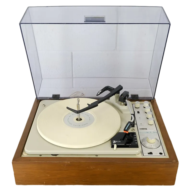 The KLH 24 was an all-in-one stereo system incorporating a Garrard record changer, amplifier, and tuner into a single wooden cabinet