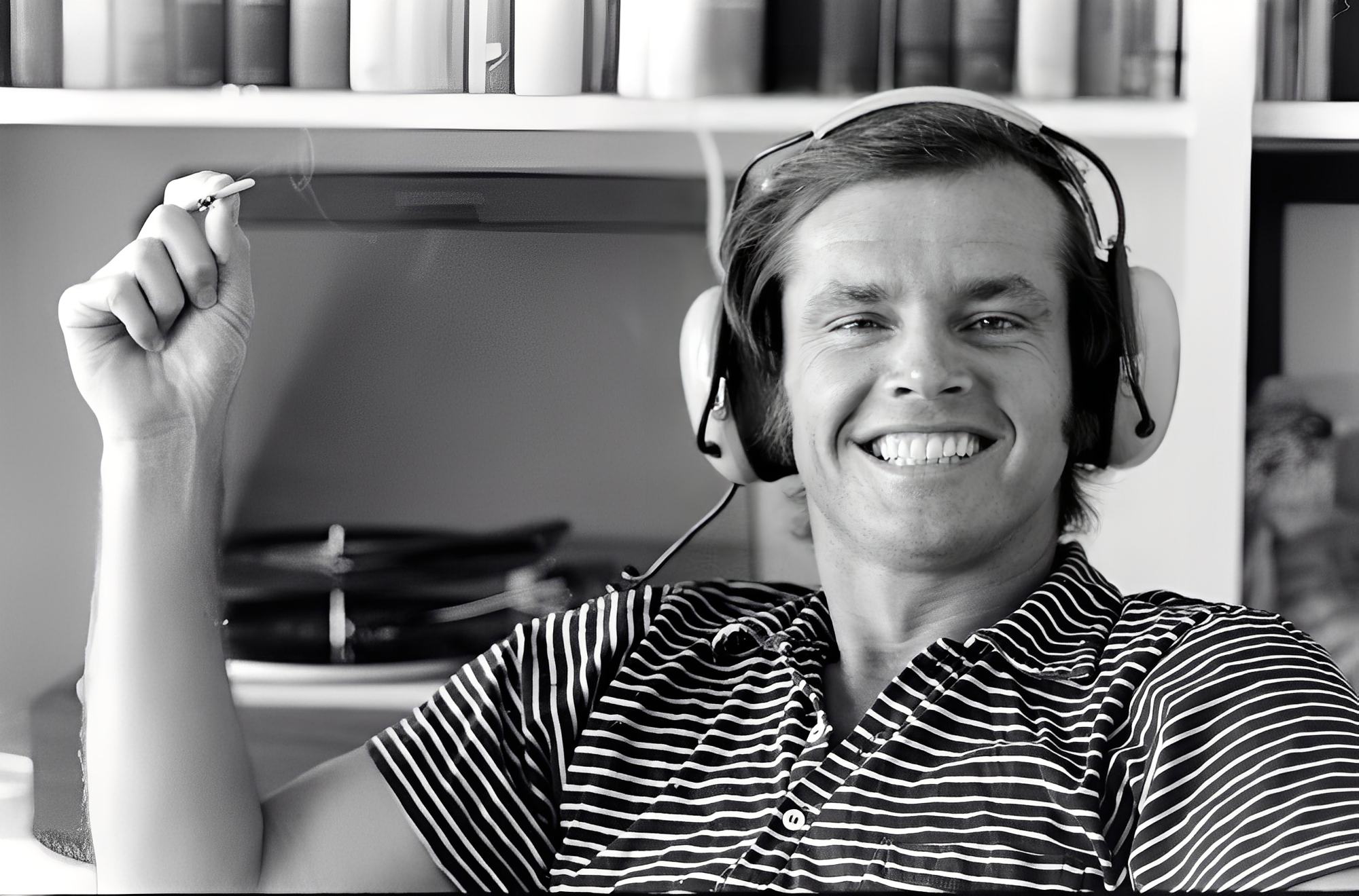 Wearing a pair of David Clark headphones