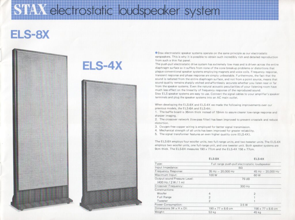 Brochure for the Stax ELS-8X and ELS-4X speakers
