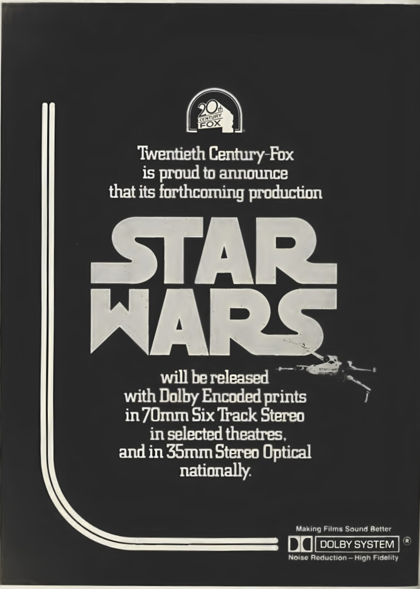 Advertisement for the movie "Star Wars" emphasizing the use of Dolby surround sound