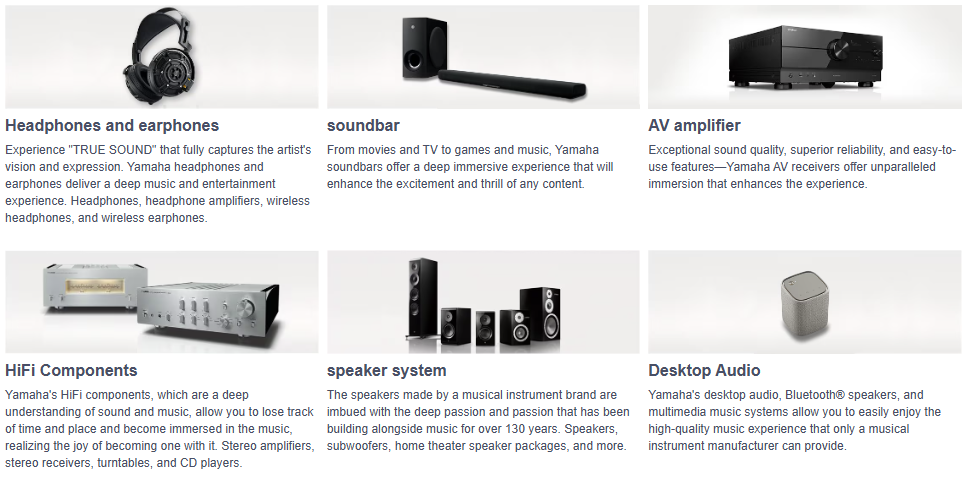 Yamaha's current Hi-Fi lineup includes headphones, sound bars, Hi-Fi amplifiers and receivers, and speakers