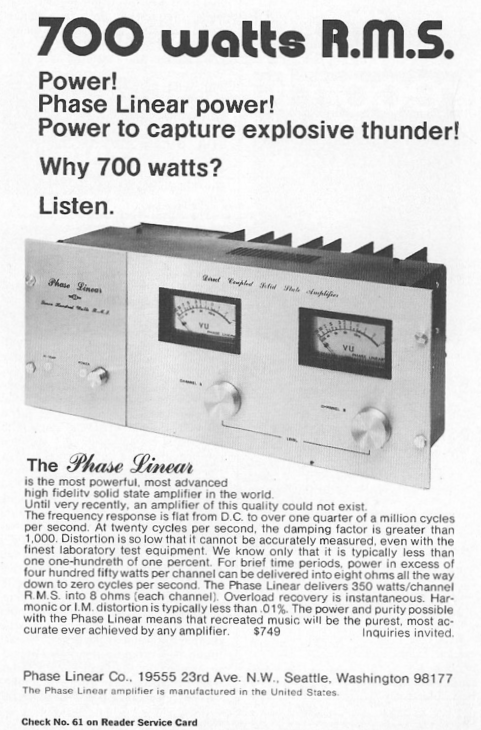 Advertisement for the Phase Linear 700 Power Amplifier