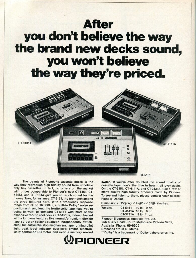 1974 Advertisement for Pioneer Cassette Decks
