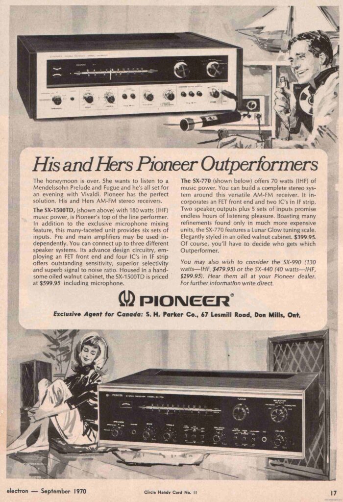 1970 Advertisement for Pioneer Receivers featuring the silver-faced SX-1500TD and the black-faced SX-770