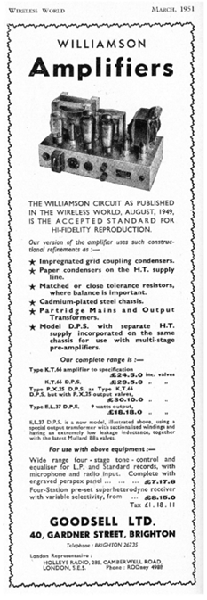 Wireless World magazine advertisement for the Goodsell Williamson amplifier