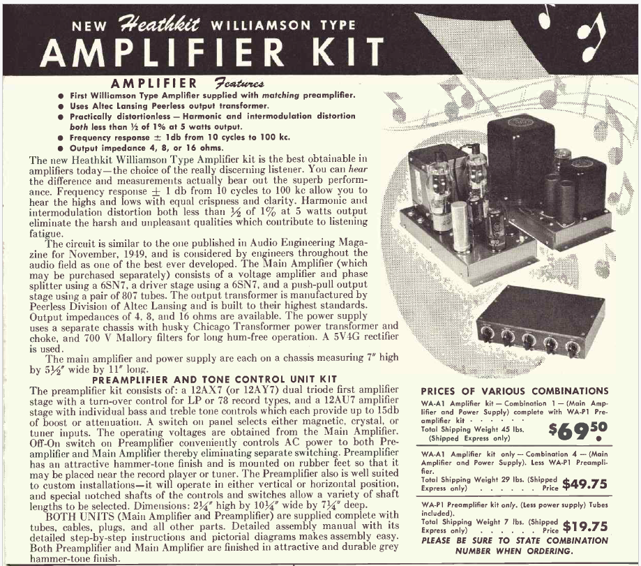 Catalog advertisement for the Heathkit WA-A1 Williamson Type Amplifier Kit