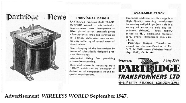 Wireless World magazine advertisement for the Partridge transformer claiming to be wound to the specification of D.T.N. Williamson