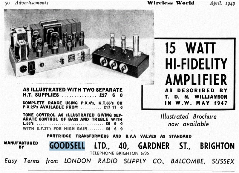 Wireless World 1949 advertisement for Goodsell amplifier kits