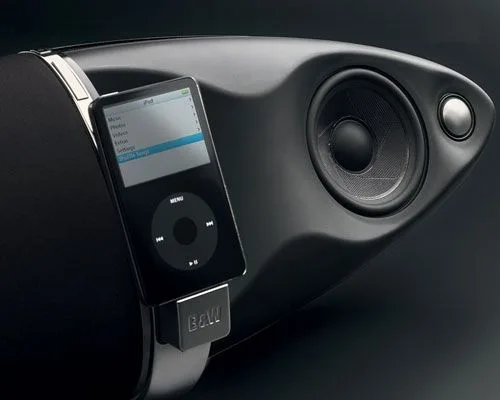 B&W Zeppelin with the decorative grille removed showing the midrange and tweeter