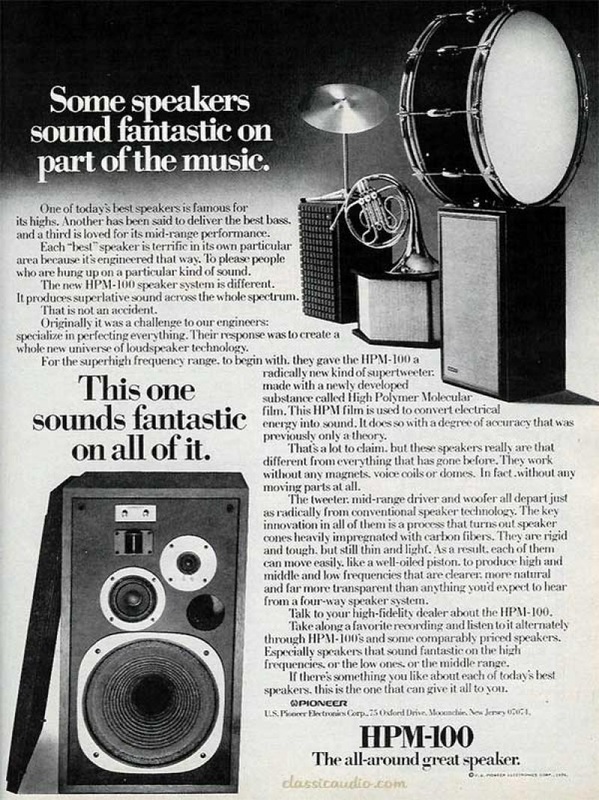 An ad for the HPM-100 comparing it to some top competitors: the JBL-L100, Bose 901, and Large Advent 