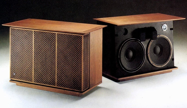 A pair of JBL D-50 "Olympus" speakers, using a pair of powerful woofers, midrange driver with acoustic lens, and a "bullet" tweeter 