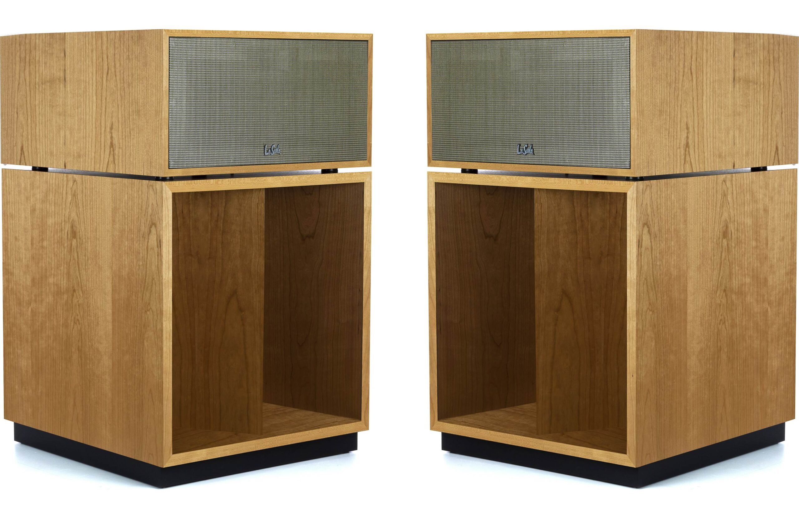 A pair of Klipsch "La Scala" speakers with the grill cloths attached