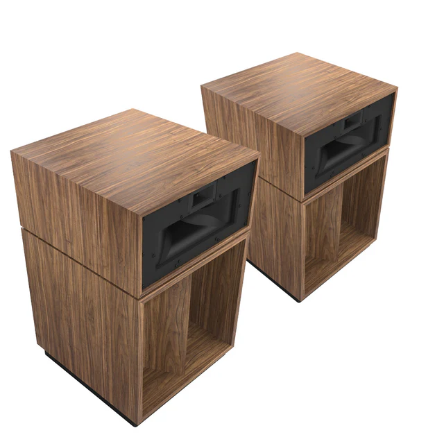 The La Scala speakers with the grills removed showing the large horn midrange and tweeter