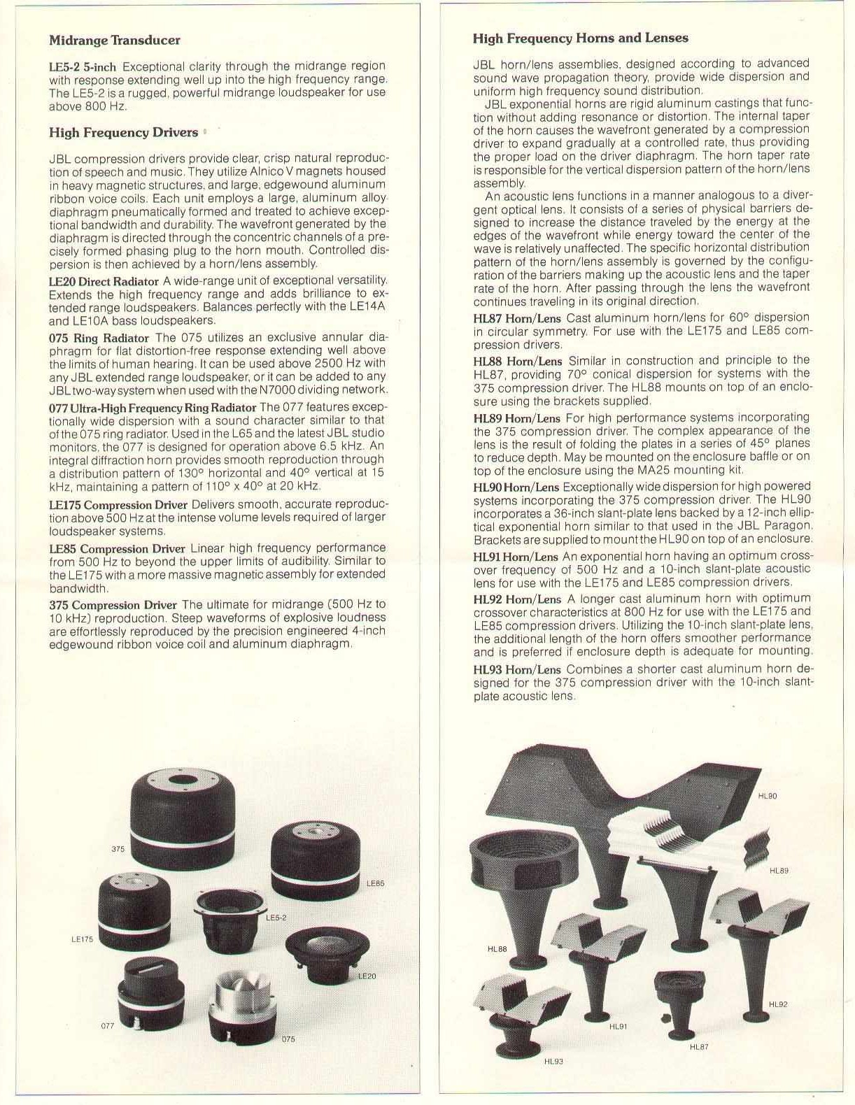 An excerpt from a JBL catalog showing a wide assortment of drivers, horns, and lenses, many of them designed by Bart Locanthi