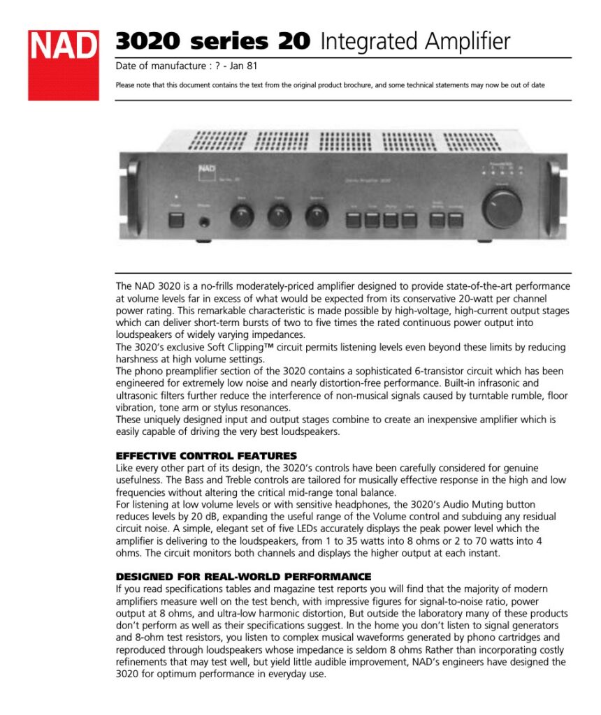 A brochure for the NAD 3020