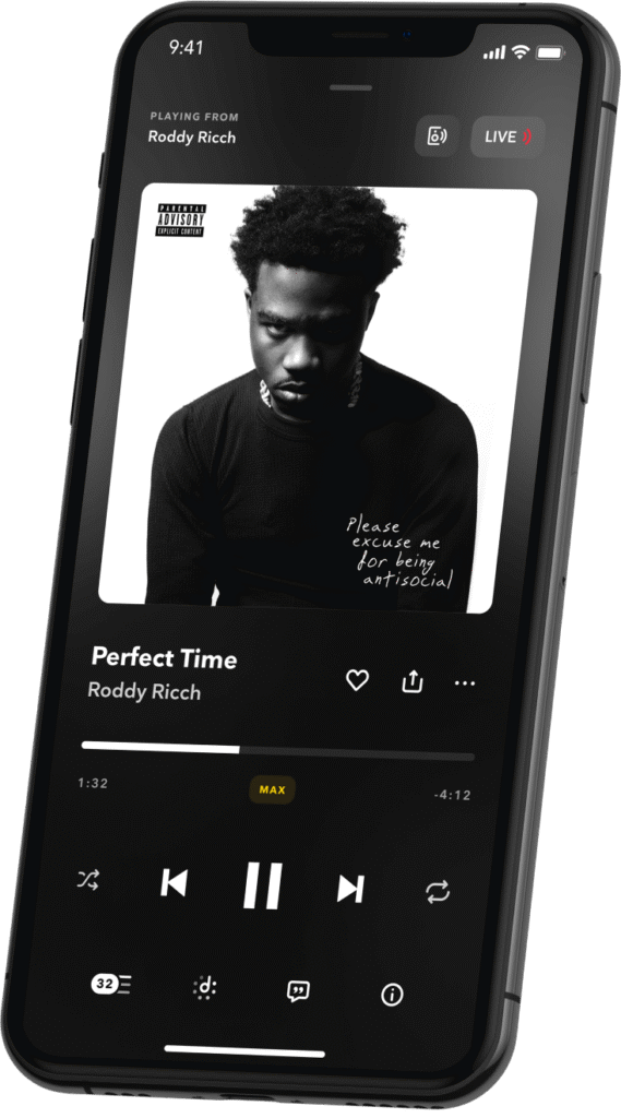 Tidal streaming on a smartphone; the "MAX" icon tells the user that the audio stream is using the Hi-Res "FLAC" codec