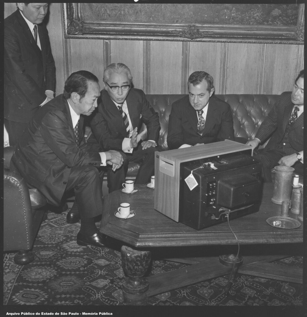 Akio Morita and Laudo Natel, Governor of Sao Paulo, Brazil