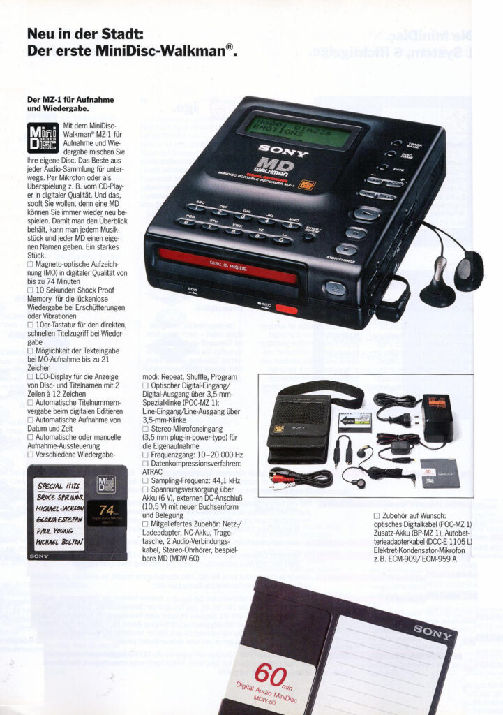 German language brochure introducing the Sony MZ-1 MiniDisc Walkman