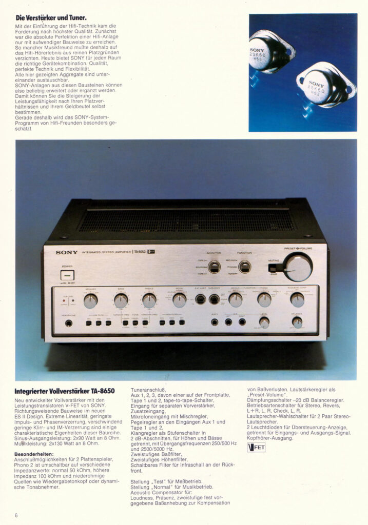 German language brochure for the V-FET powered Sony TA-8650 amplifier