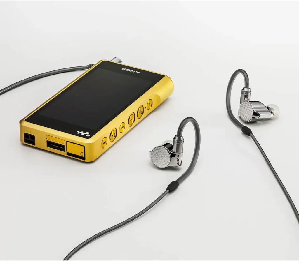 Sony IER-Z1R In-Ear Monitors connected to a Sony Walkman portable music player